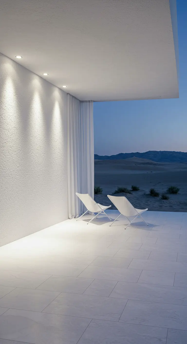 A minimalist white terrace with two chairs, illuminated by spotlights washing down a textured wall.