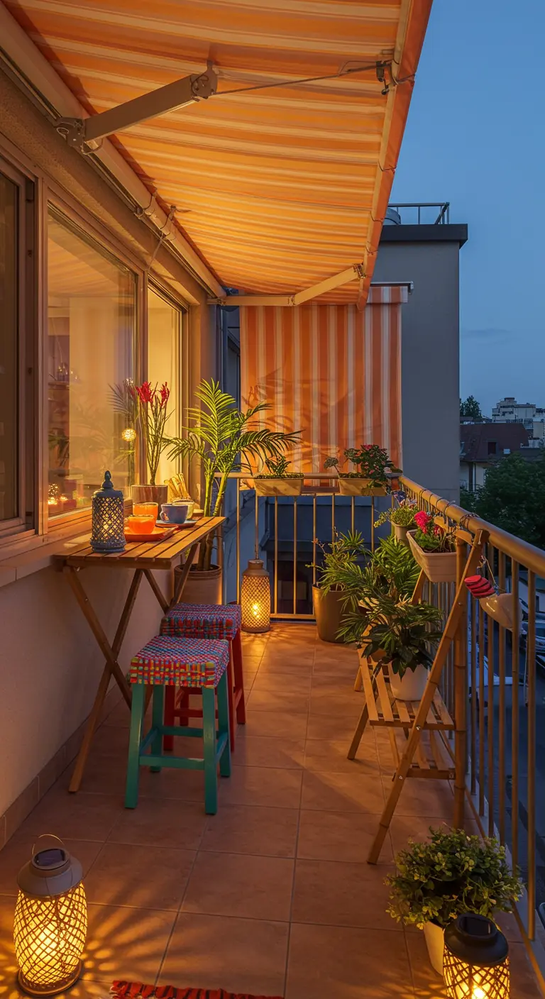 A warmly lit balcony at night with a striped awning, lanterns, and colorful patterned stools.