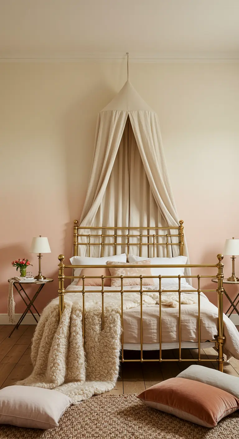 Bedroom with a blush ombre wall, a brass bed, and a cozy white shearling throw.
