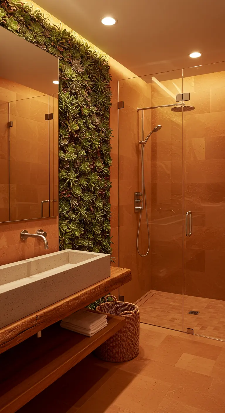 Warm-toned bathroom with a wall of succulents next to a glass shower.