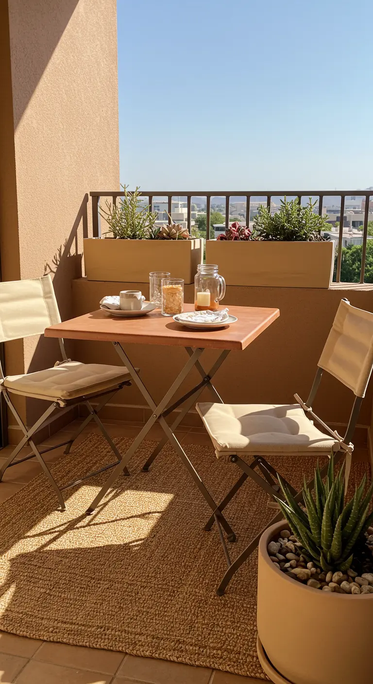 A sunny balcony with terracotta-colored walls, a jute rug, and planters with succulents.