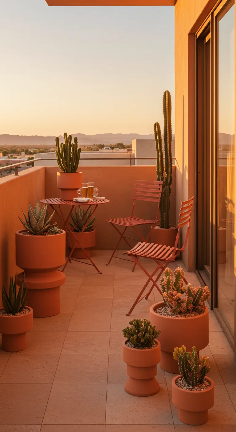 A balcony with terracotta-colored walls, furniture, and planters filled with cacti at sunset.