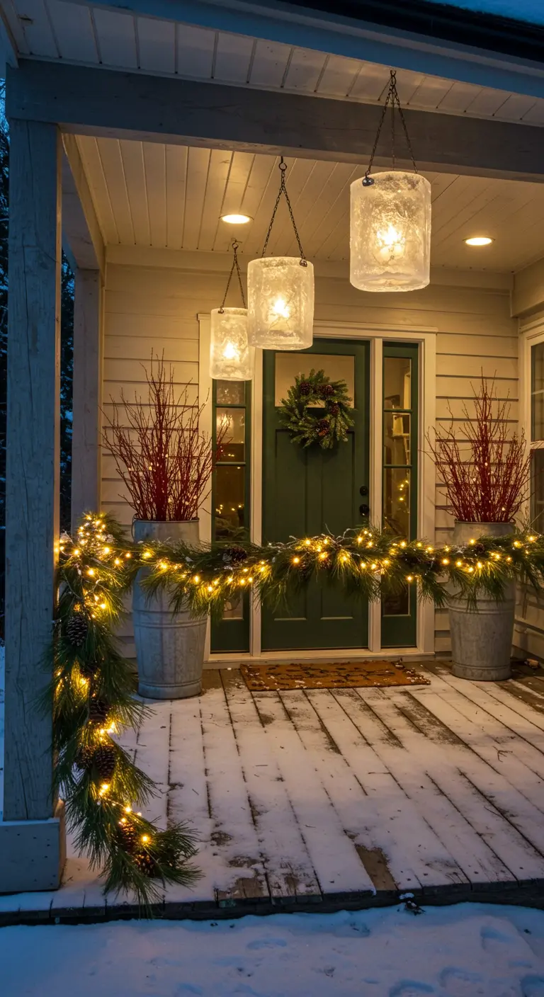 Snow-dusted porch with hanging ice lanterns, lit garland, and planters with red twigs.