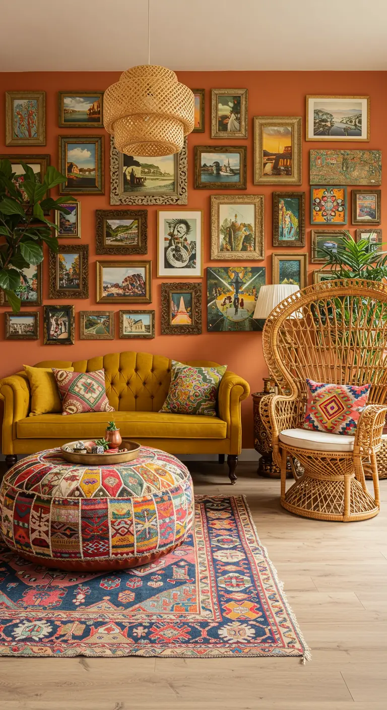 Bohemian lounge with a mustard sofa, patchwork ottoman, and an eclectic gallery wall on a terracotta wall.
