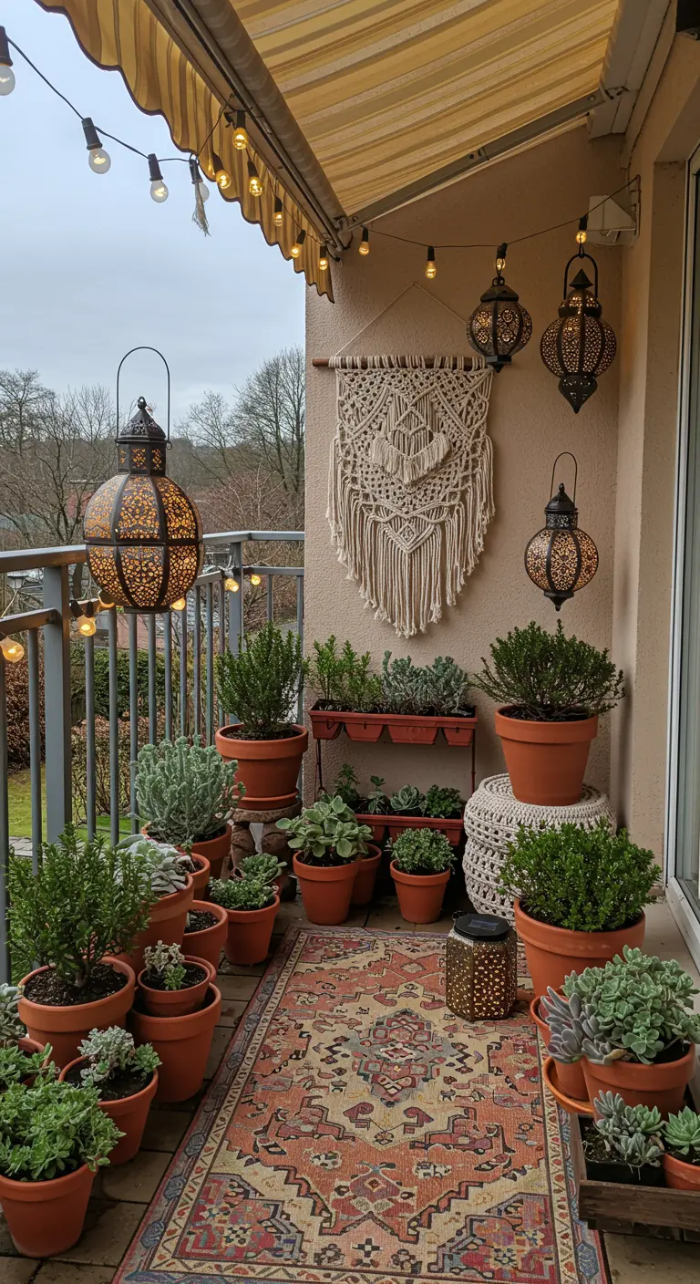 A cozy boho balcony with a patterned rug, macrame hanging, and many terracotta pots.