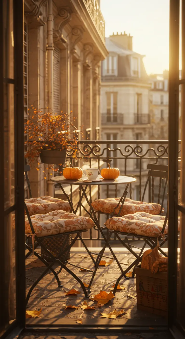 An autumn-themed balcony with pumpkins, fall foliage, and orange-patterned cushions at sunset.