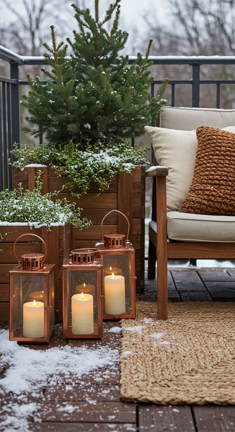 Copper lanterns glow next to a wooden planter box on a snowy deck.