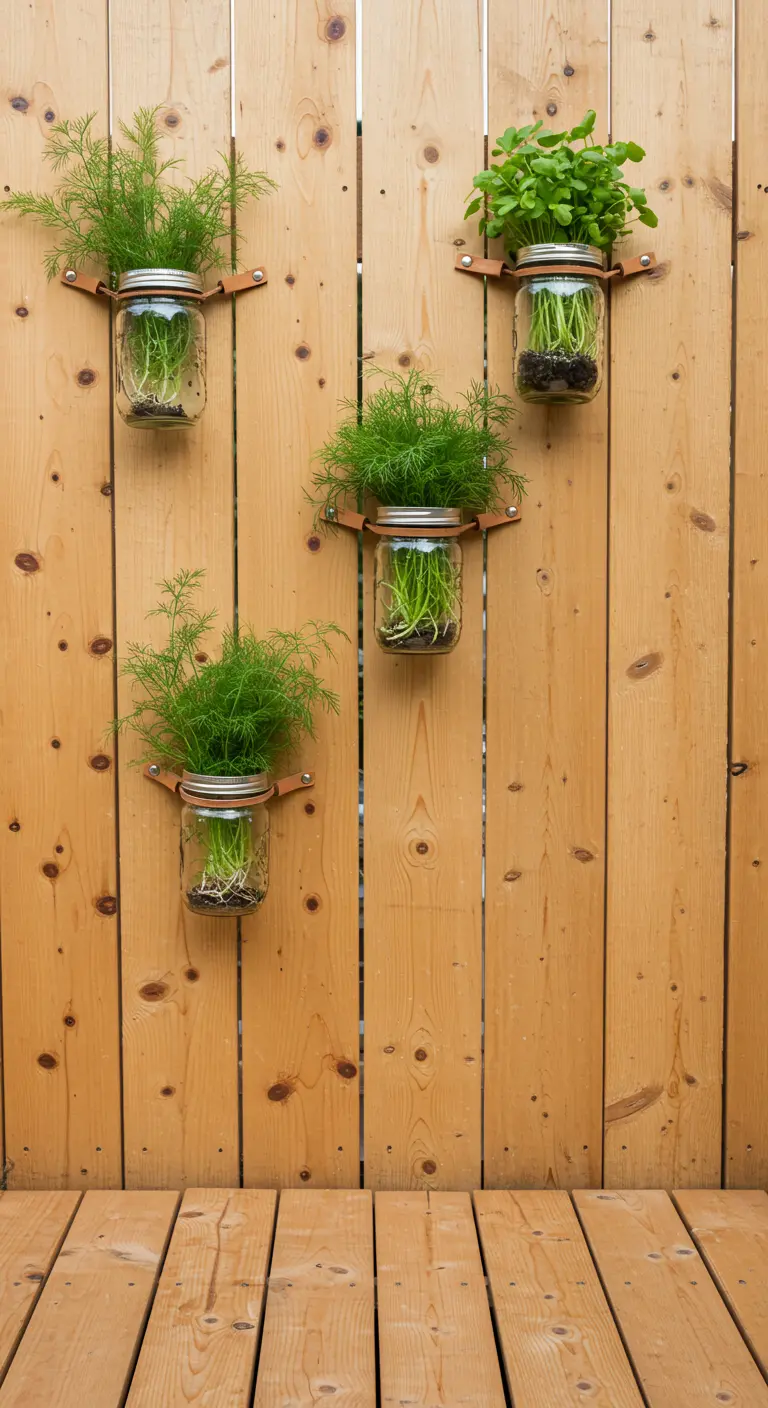 Mason jars with herbs like dill are held by leather straps against a natural wood fence.