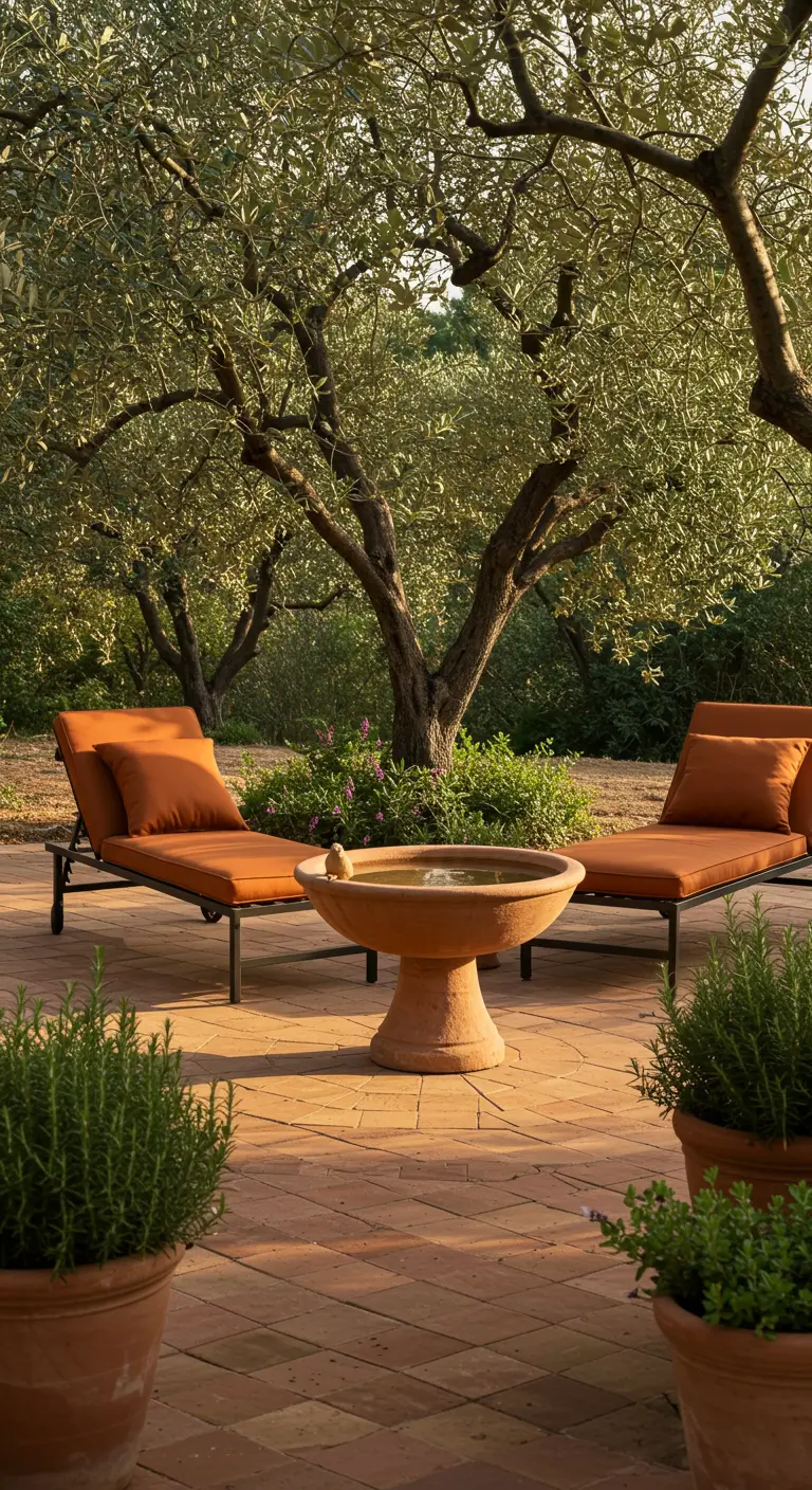 A terracotta birdbath and pots on a brick patio, surrounded by loungers with orange cushions.
