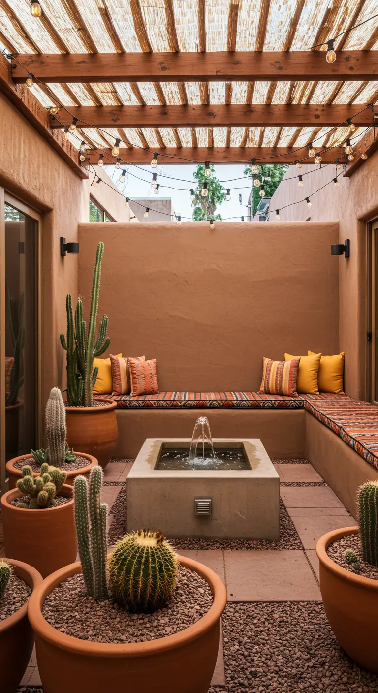 A Southwestern-style patio with built-in benches, a central fountain, and potted cacti.
