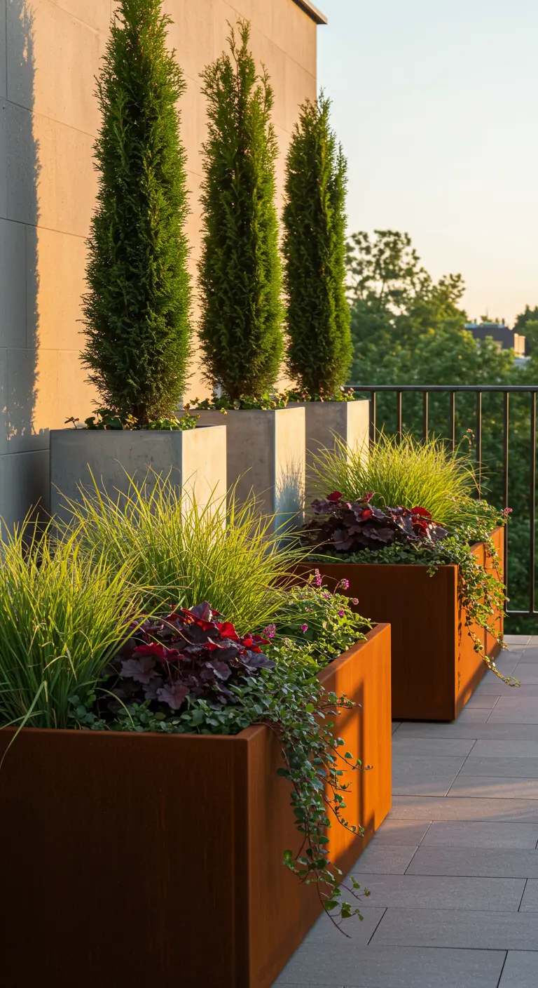Tall Corten steel planters with upright evergreens and grasses on a modern patio.