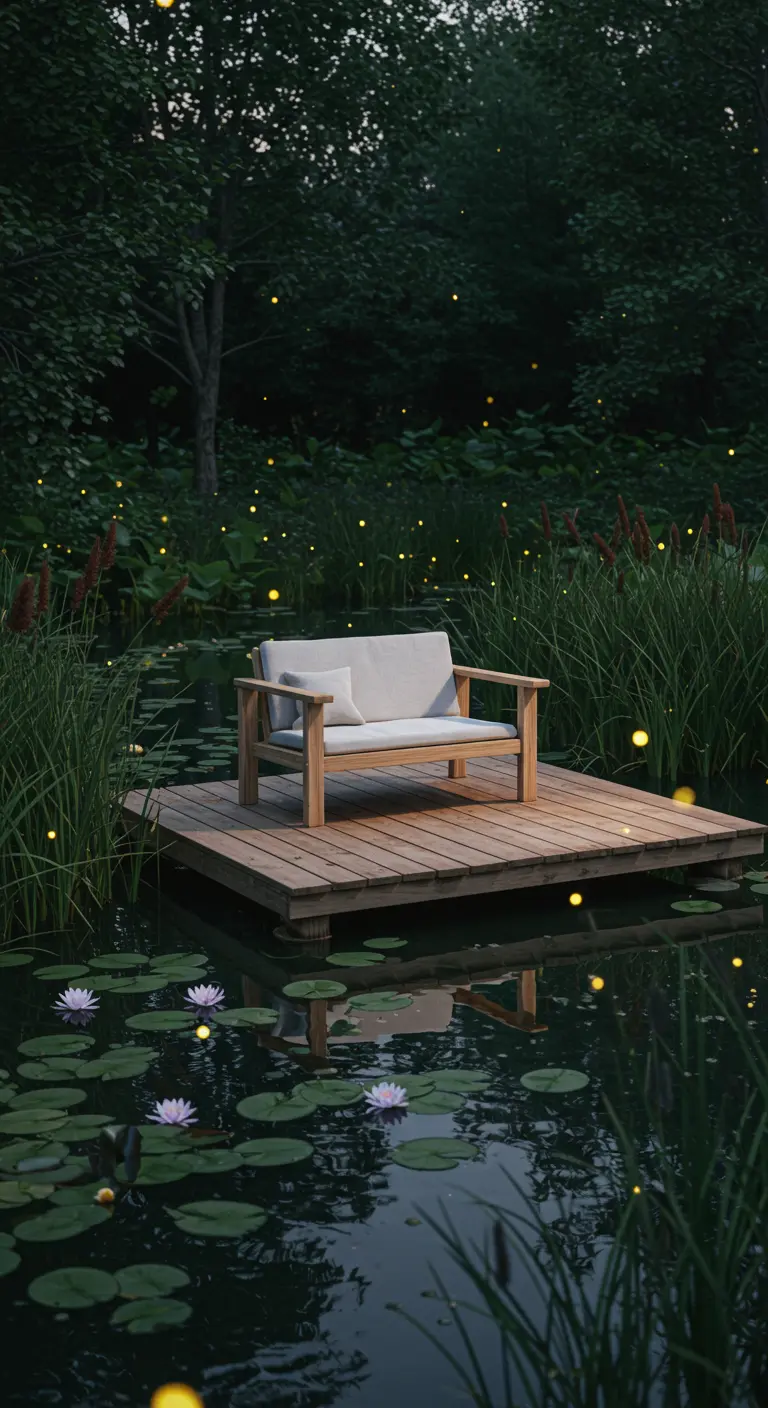 A wood bench with a white cushion on a small dock over a pond with water lilies and fireflies.