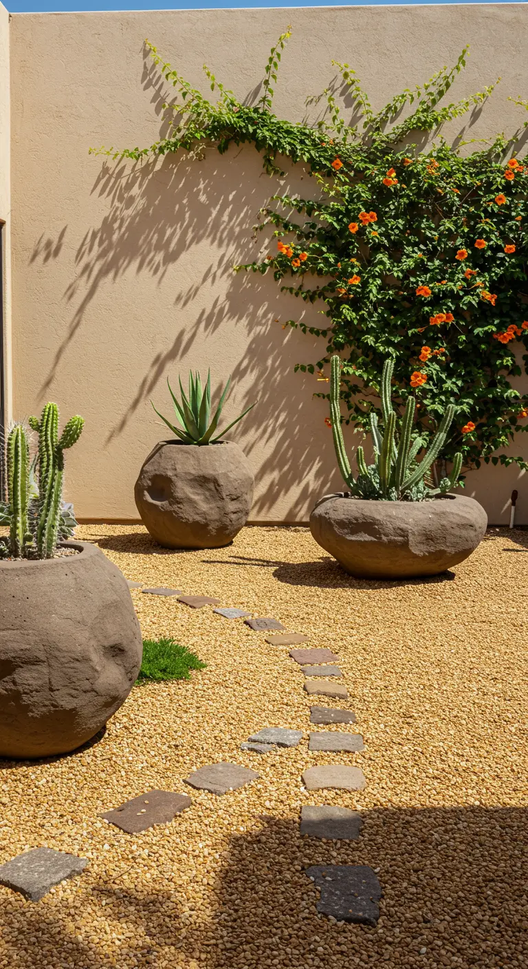 A desert-style garden with gravel, a stepping stone path, and cacti in stone pots.