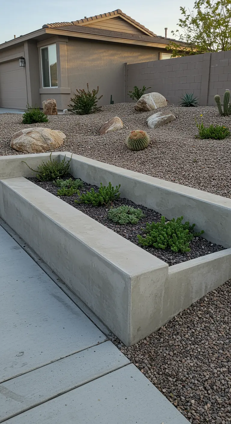 A board-formed concrete planter bed bordering a driveway in a xeriscape garden with rocks and cacti.