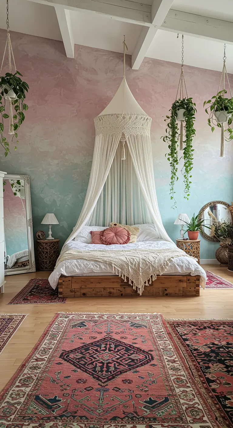 Boho bedroom with a watercolor-effect wall, macrame canopy, and layered rugs.