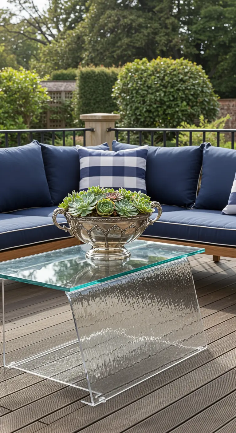 A unique table with a waterfall-effect acrylic leg, topped with an ornate silver bowl of succulents.