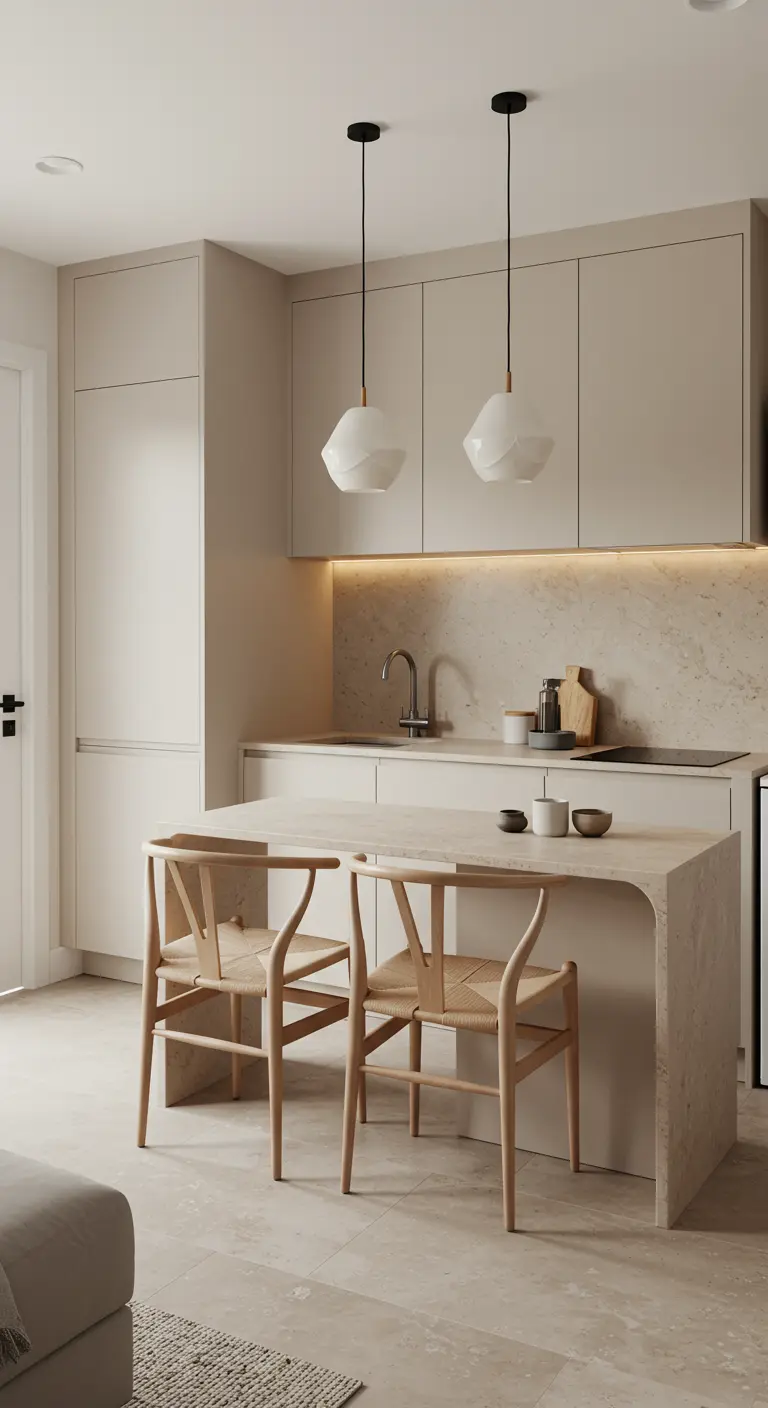 Minimalist kitchen with a waterfall island and two light wood wishbone chairs.