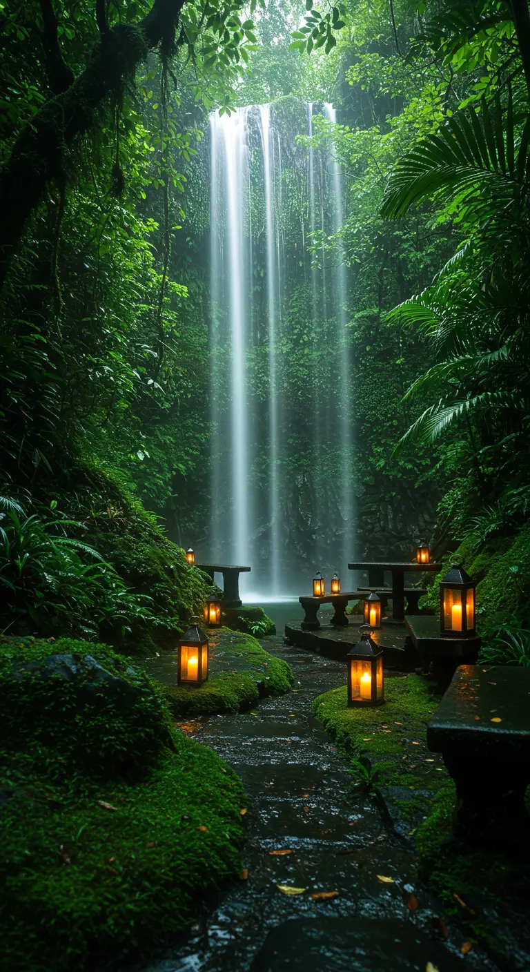 Mossy seating area with lanterns facing a serene jungle waterfall.