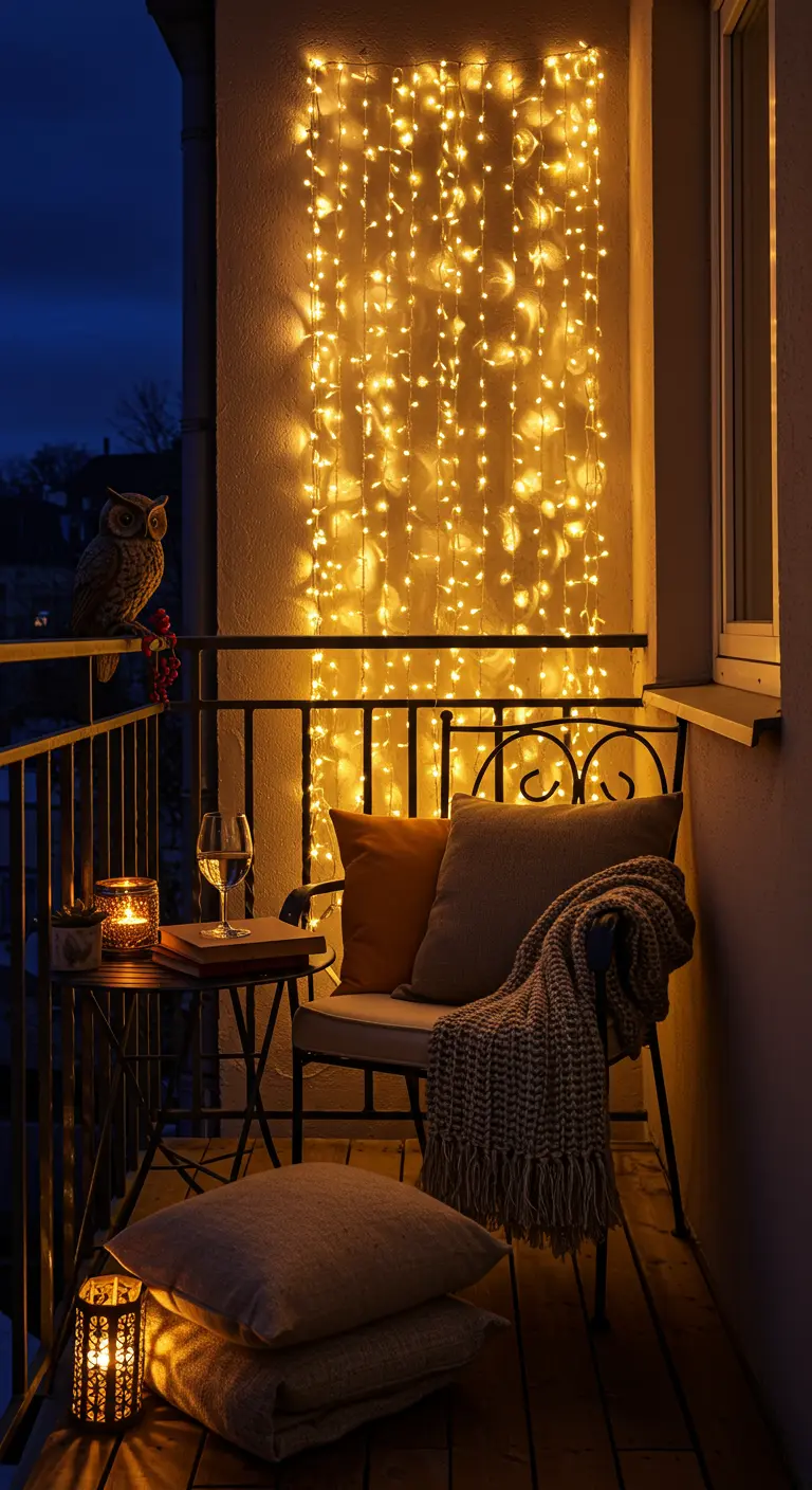 A small, cozy balcony at night featuring a wall covered in a curtain of fairy lights.