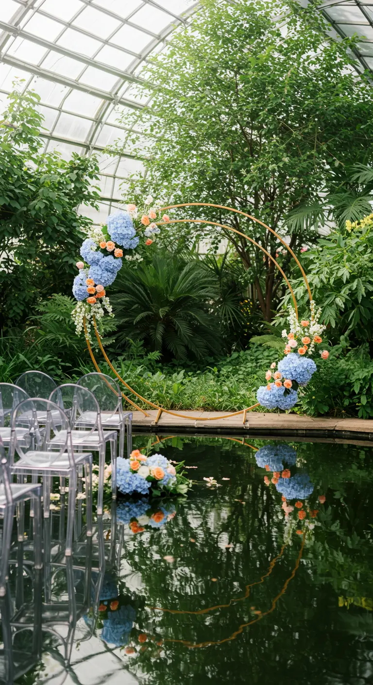 Gold floral hoop with blue hydrangeas reflected in a pond inside a greenhouse.