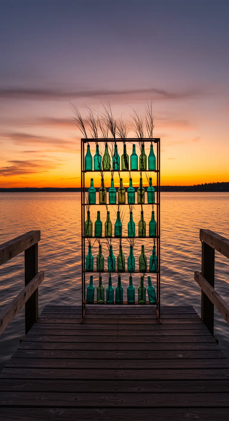 A bottle rack with grasses on a wooden pier against a sunset over water.