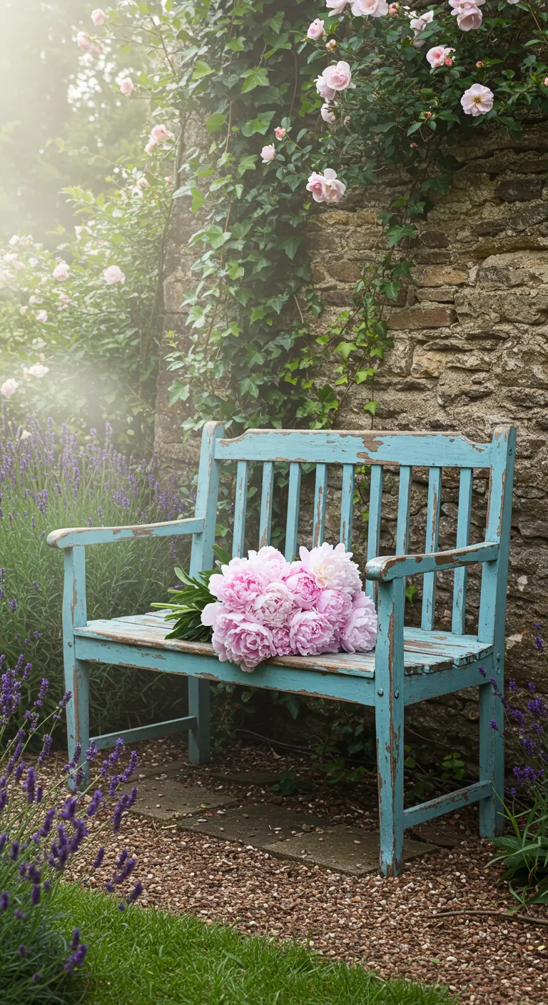 Distressed teal garden bench against a stone wall with pink roses and lavender.
