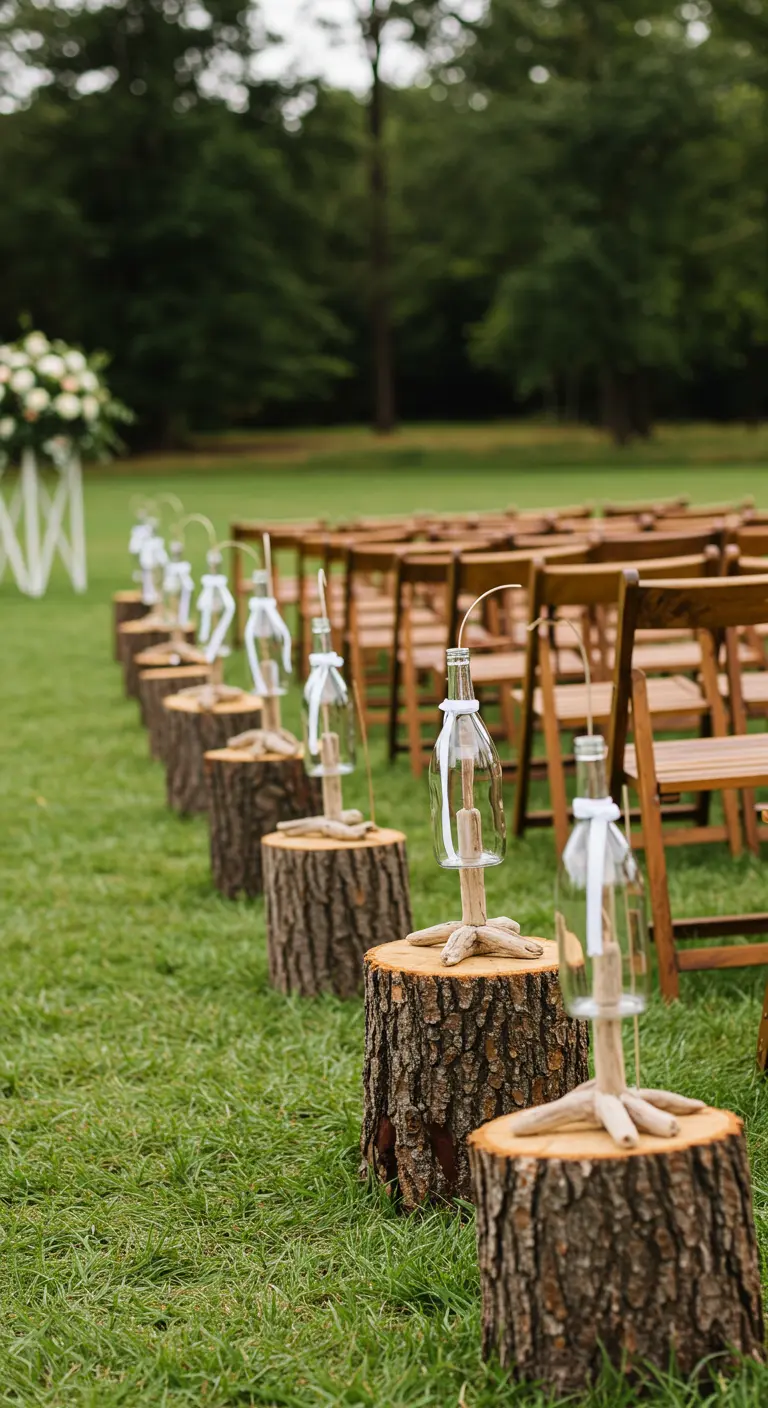 A wedding aisle lined with wine bottle lanterns on tree stumps.