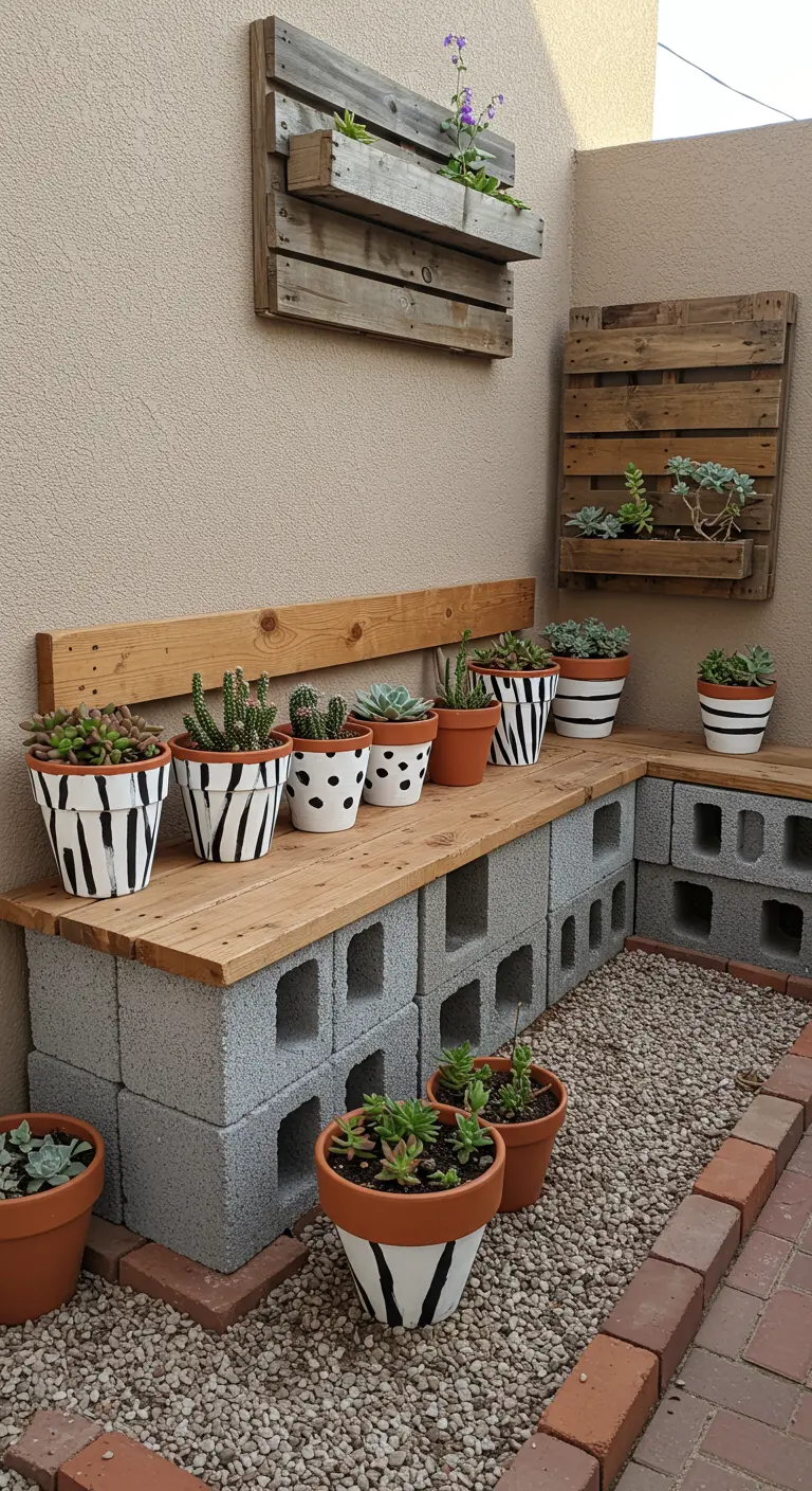A DIY bench made from cinder blocks and wood planks, holding painted succulent pots.