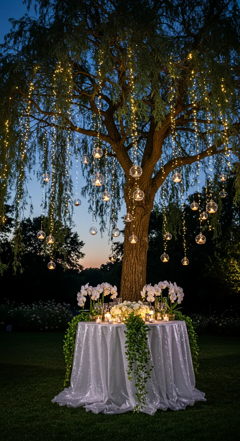 A weeping willow tree lit with cascading string lights over a sequined table.