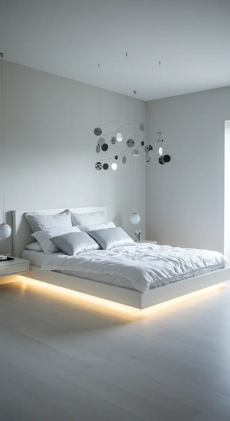 A white minimalist bedroom with a floating bed illuminated by warm light from underneath.