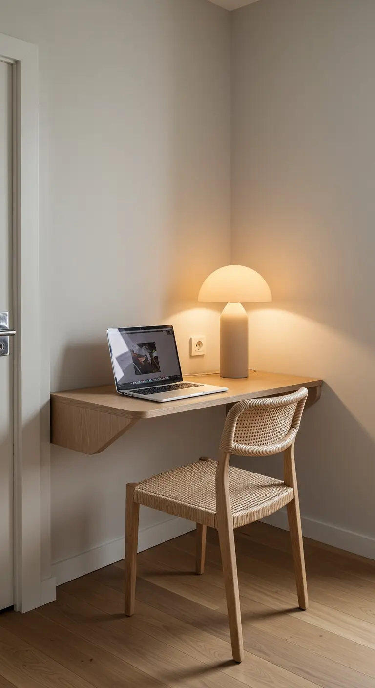 A floating wood desk in a corner with a woven cane chair and a mushroom lamp.