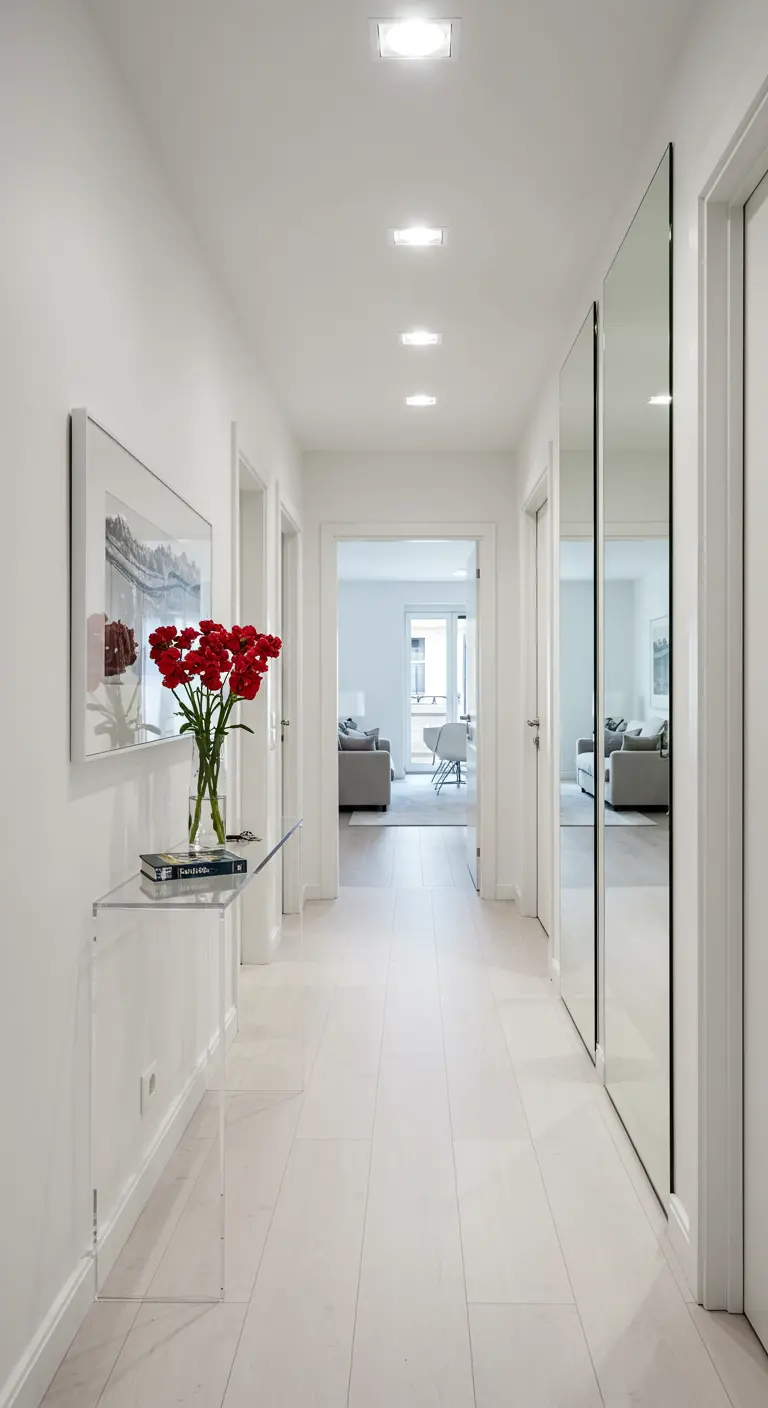 A bright white hallway with a transparent acrylic console table and large mirrored closet doors.