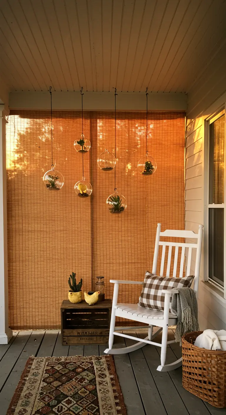 A front porch with a bamboo roll-up blind, a white rocking chair, and hanging globes.