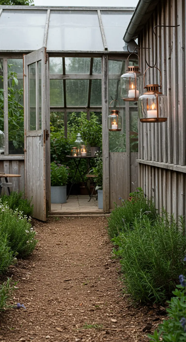 Copper and glass lanterns hang on the wooden wall of a greenhouse, lighting a mulch path.