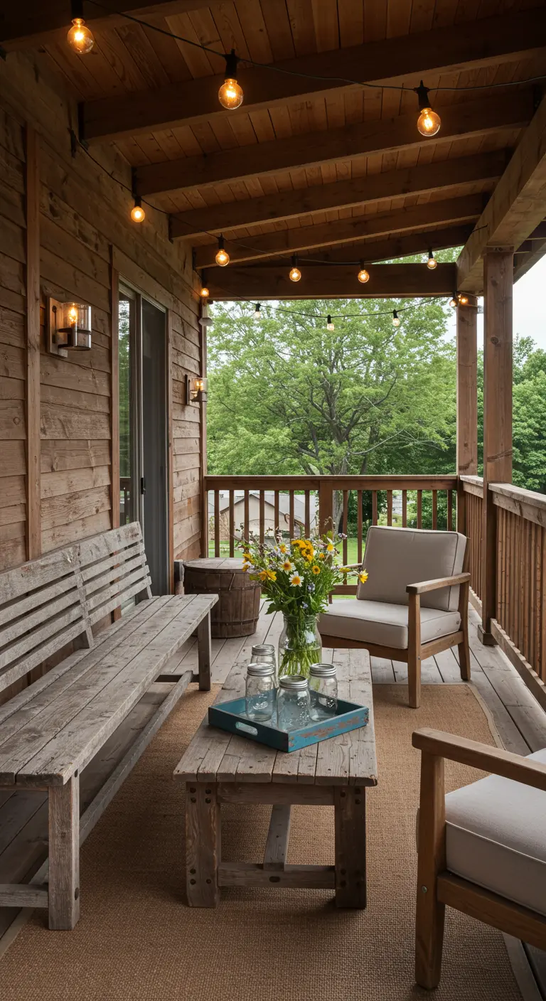 A covered porch with a rustic bench, modern armchairs, a coffee table, and string lights overhead.