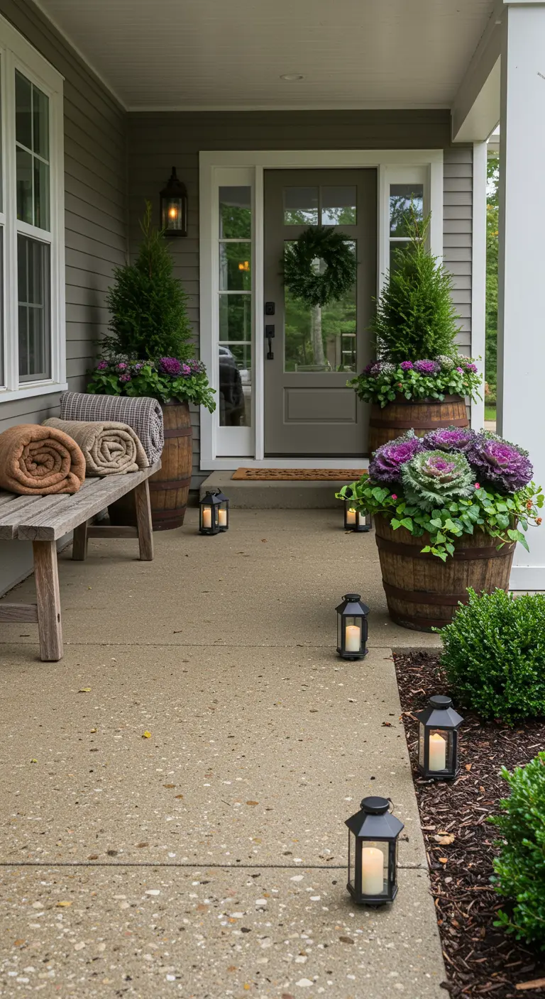 A front porch with a wooden bench holding rolled blankets and barrel planters with kale.