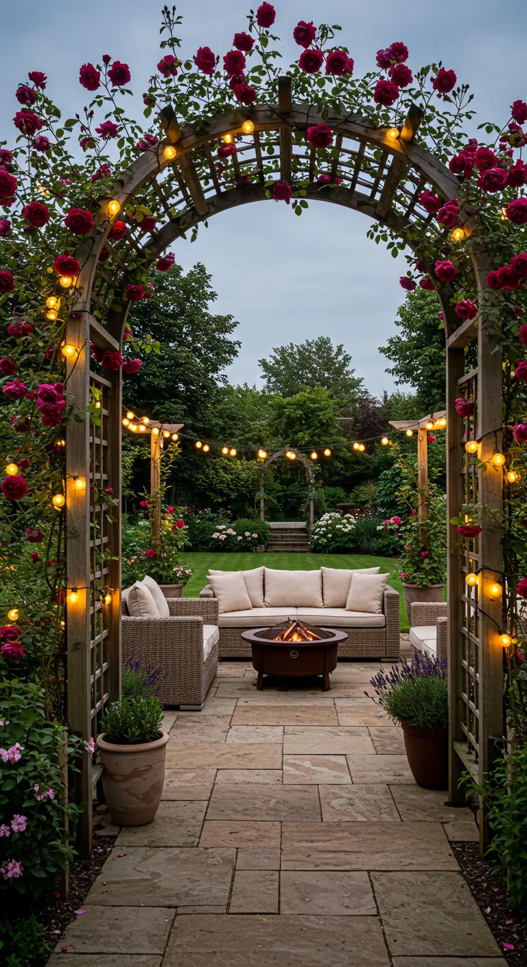 Wooden garden arch with red climbing roses, string lights, leading to a patio with a fire pit.