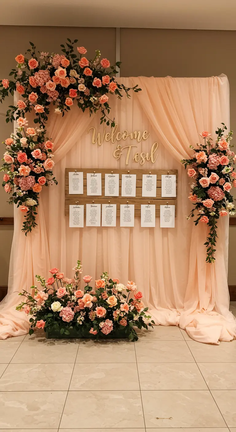 A wedding seating chart on a wooden board, framed by peach tulle curtains and lush floral sprays.