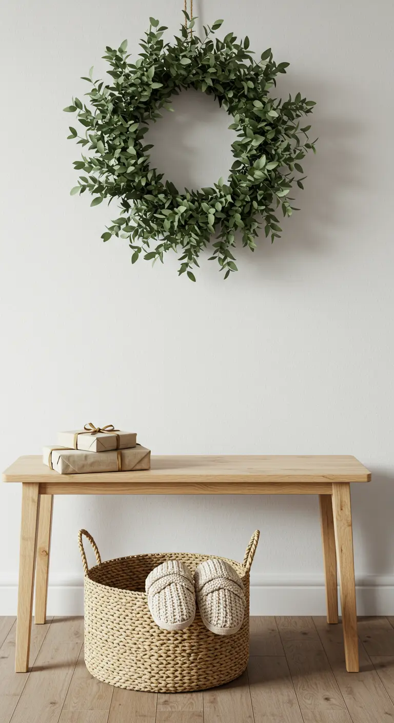 Minimalist entryway with a green wreath, wooden bench, and a basket of slippers.