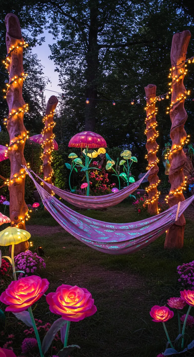 Iridescent hammocks hanging between posts wrapped in fairy lights, surrounded by glowing flower sculptures.
