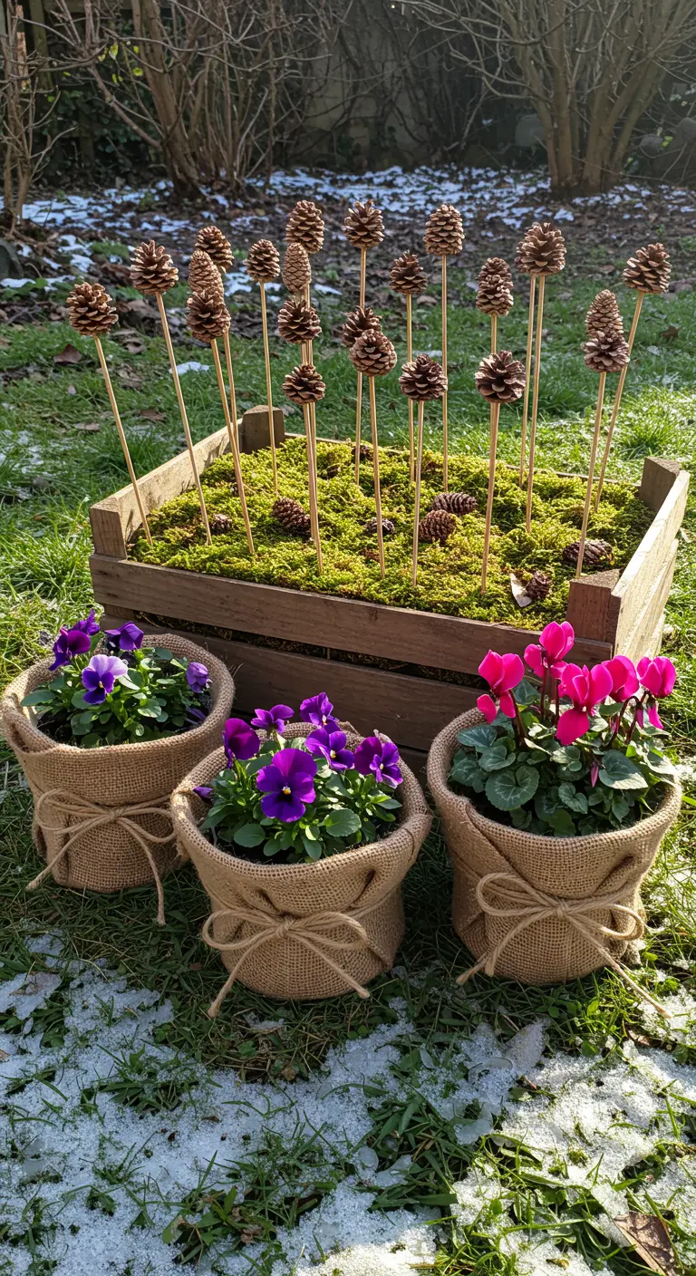 A wooden crate with moss holds pine cones on sticks like trees, with potted pansies and cyclamen nearby.