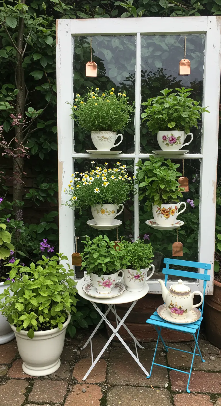 A white window frame holding vintage teacups planted with chamomile and mint, creating a tea party theme.