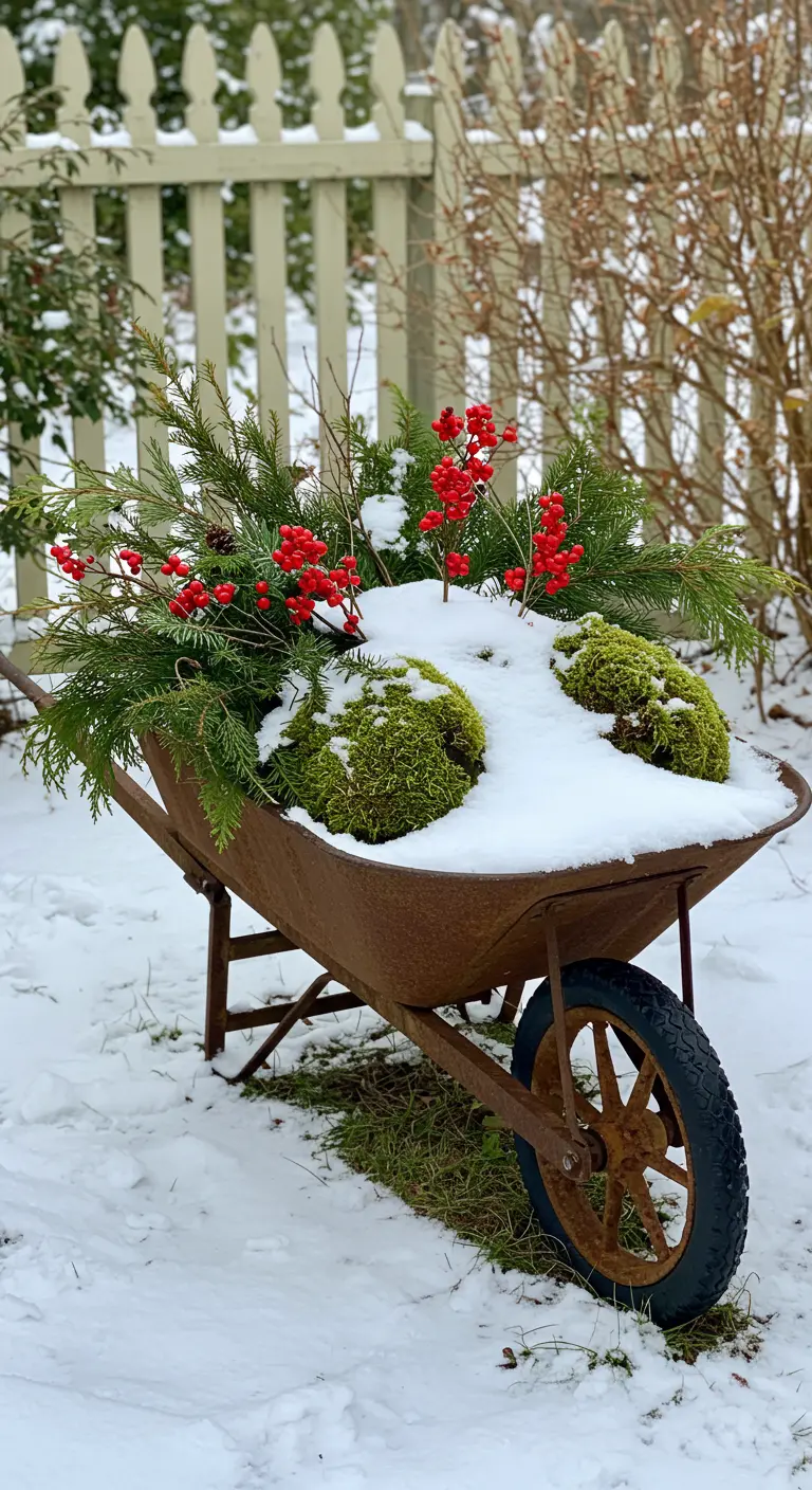 A rusty old wheelbarrow in the snow, filled with a beautiful arrangement of moss, pine, and berries.