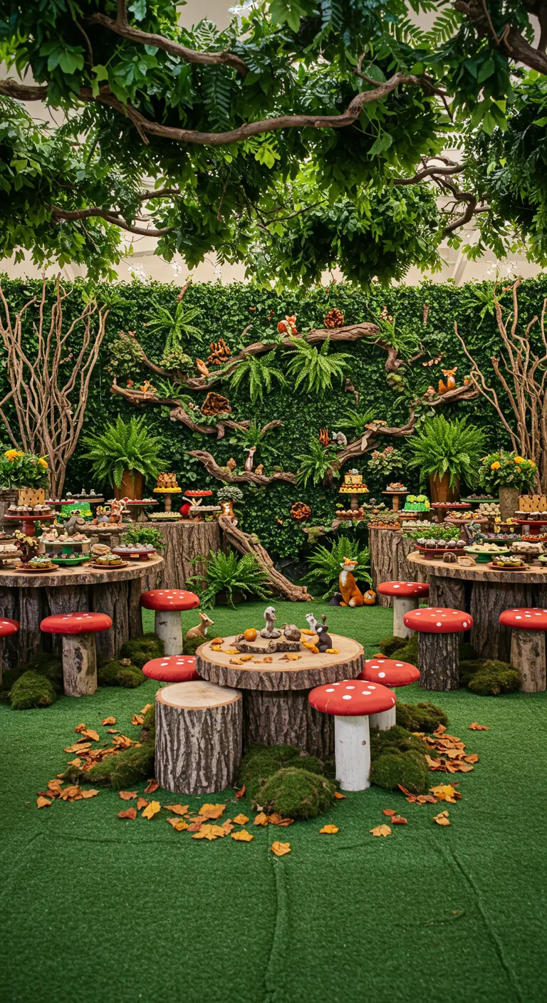 A whimsical woodland-themed party with log tables, toadstool seats, and a forest backdrop.