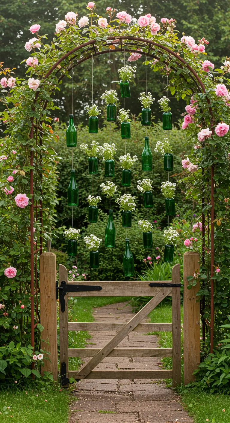 Green bottles with white flowers hanging from an archway over a garden gate.