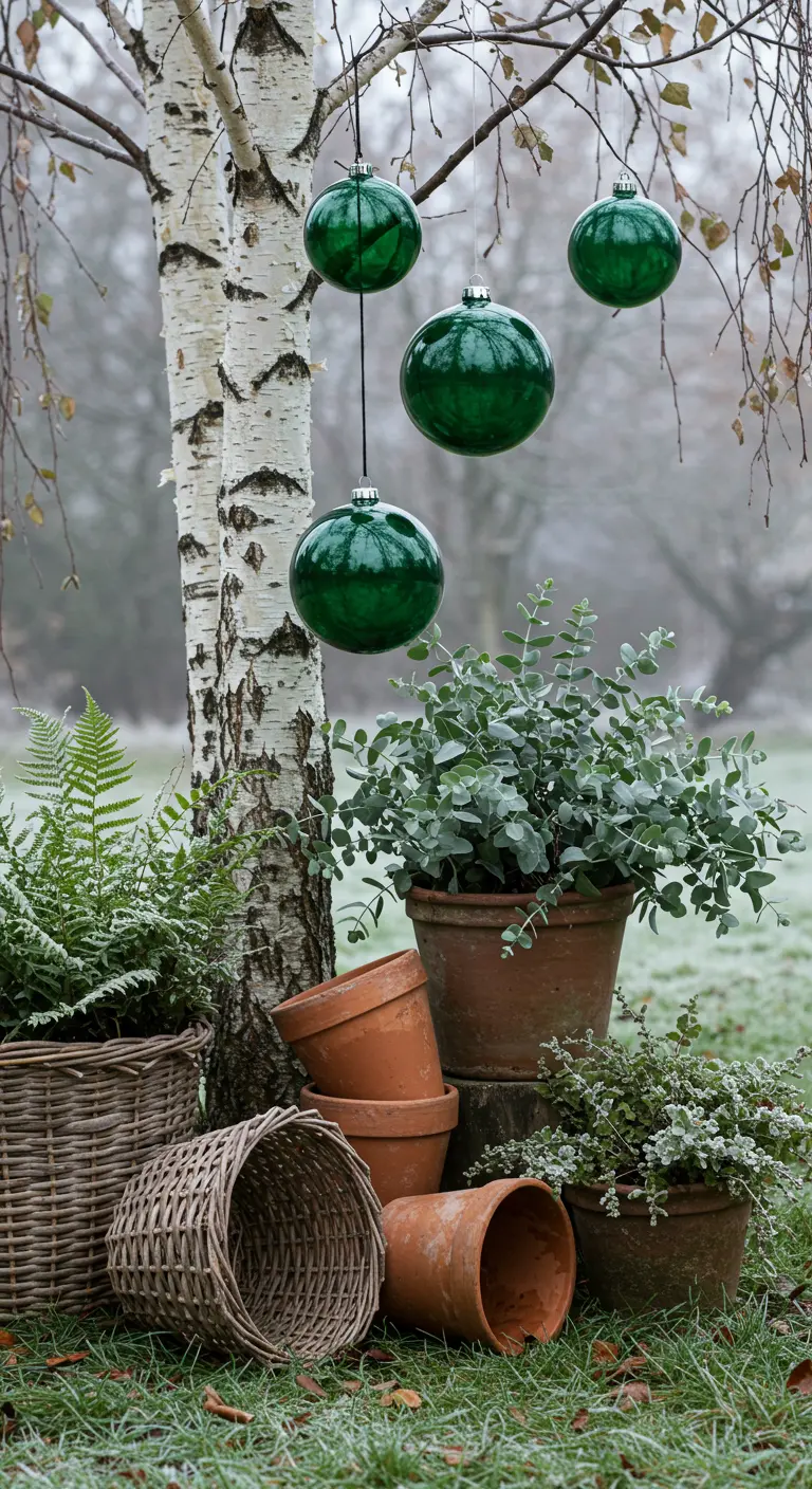 Emerald green baubles hanging from the branch of a white birch tree.