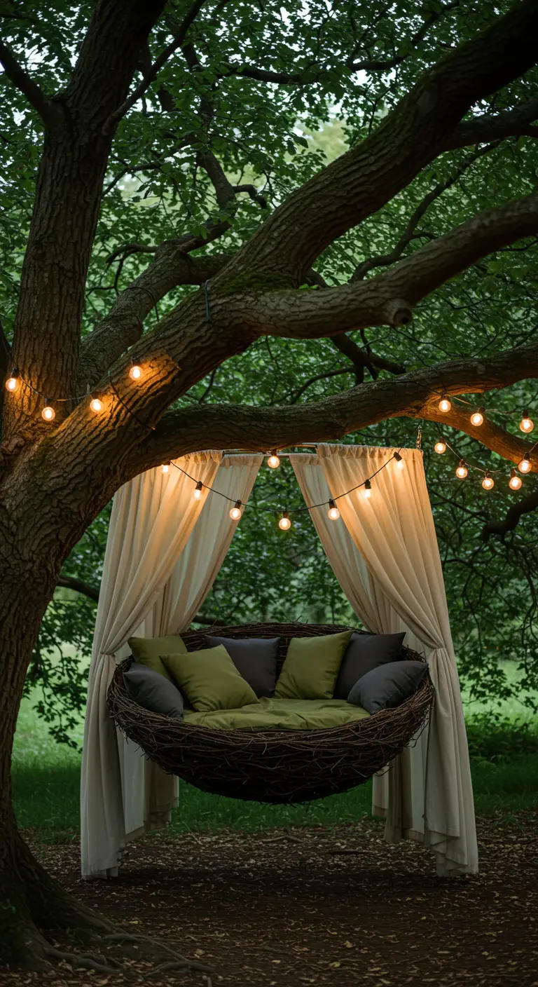 A hanging nest-style daybed with green cushions and curtains, suspended from a large tree.