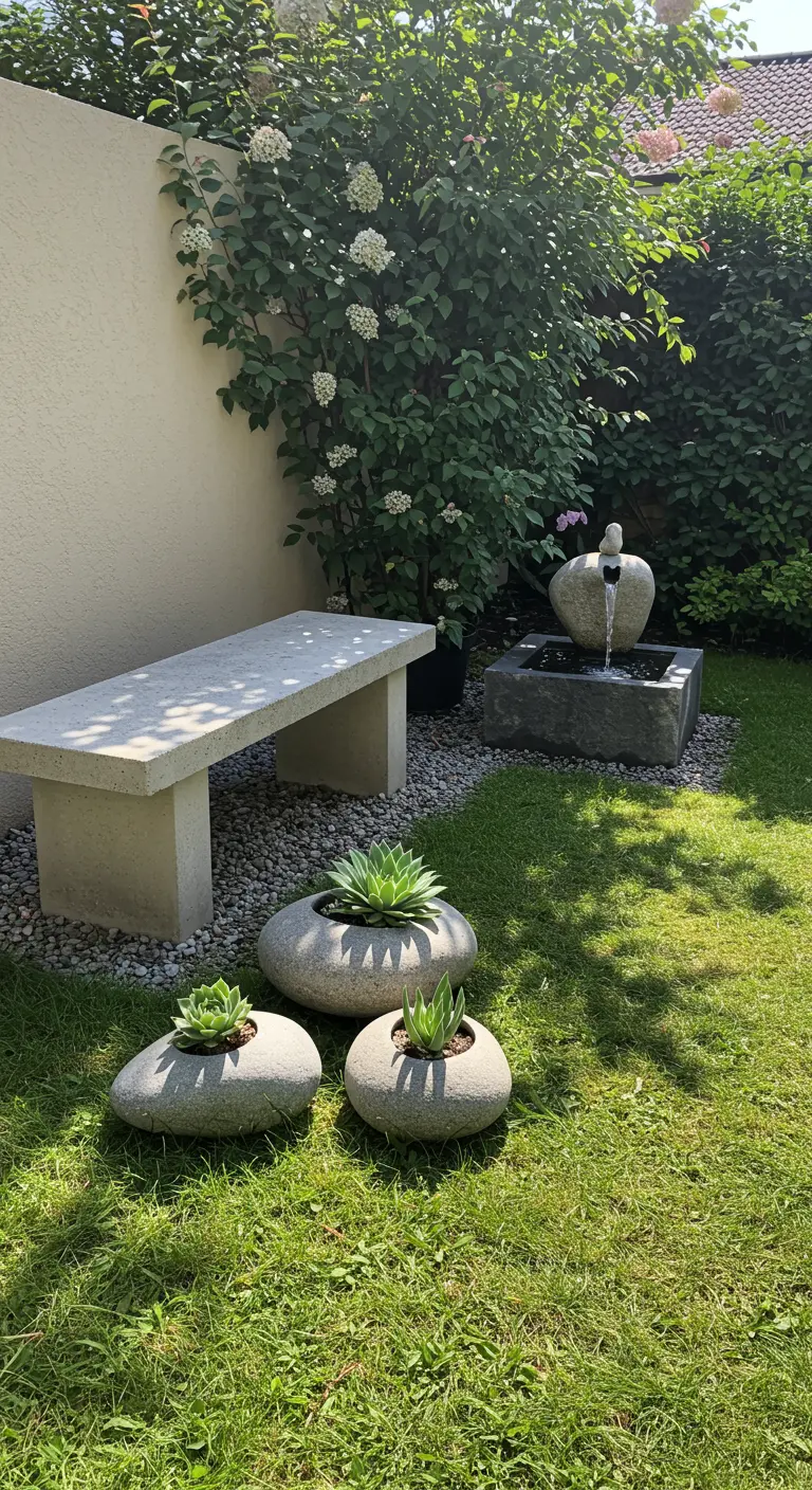 A simple concrete bench in a garden corner with a small stone fountain and rock-shaped planters.