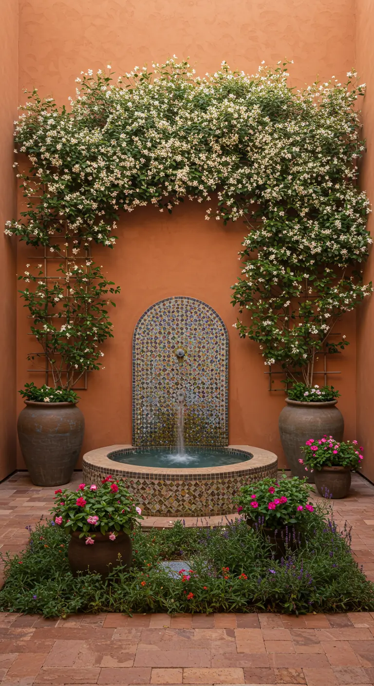 A terracotta courtyard with a central mosaic fountain and white jasmine climbing the walls.