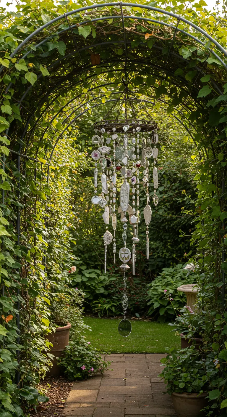 A hanging mosaic chandelier with white china and mirror pieces suspended within a garden archway.